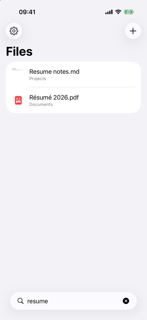 Plume on iPhone: search results for “resume”, accents ignored